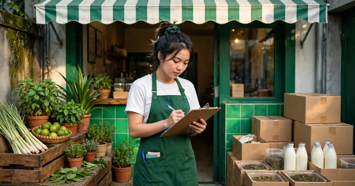Nhân viên quán Việt mặc tạp dề xanh lá cầm bảng kiểm hàng kiểm tra thùng sữa tươi và nguyên liệu vừa giao trước cửa quán mái hiên sọc xanh trắng