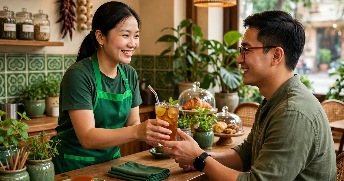 Nhân viên quán mặc tạp dề xanh lá tươi cười trao ly trà cho khách quen tại quầy quán cà phê Việt, ánh sáng ấm