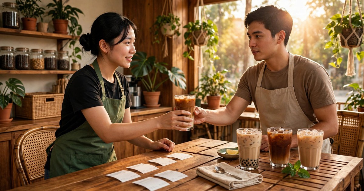 Nhân viên quán cà phê Việt mặc tạp dề xanh đưa ly cà phê đá cho đồng nghiệp tại quầy, phiếu order trên bàn gỗ, ánh sáng ấm