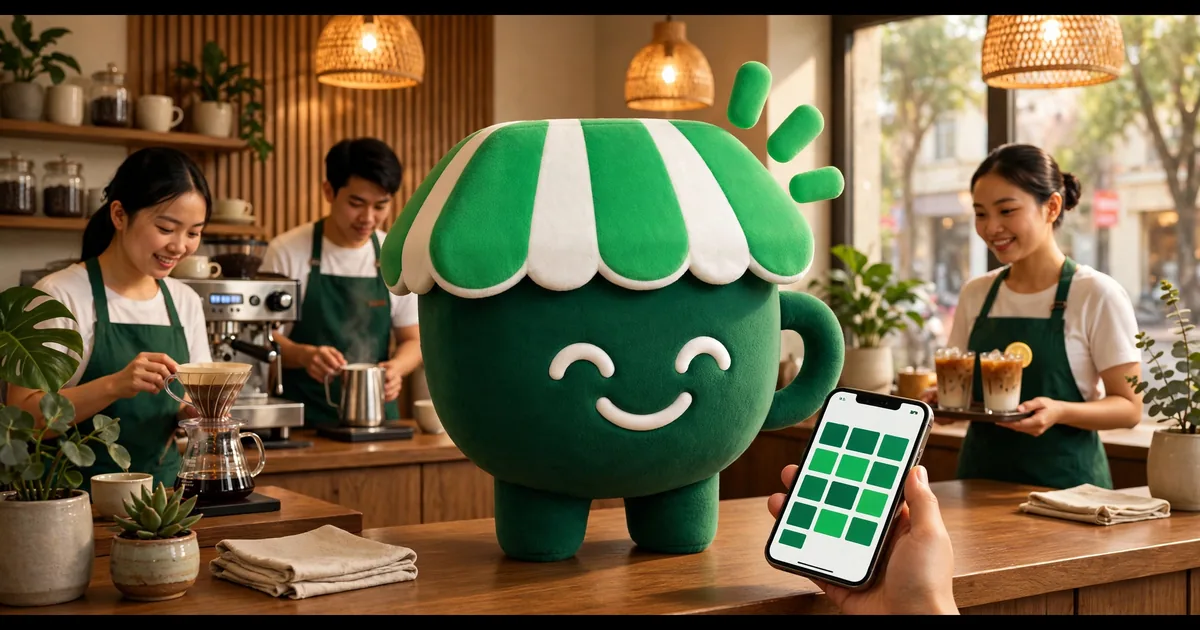 Linh vật ly cà phê Quán Ơi xem lịch xếp ca trên điện thoại, phía sau là các bạn nhân viên quán cà phê Việt đang làm việc