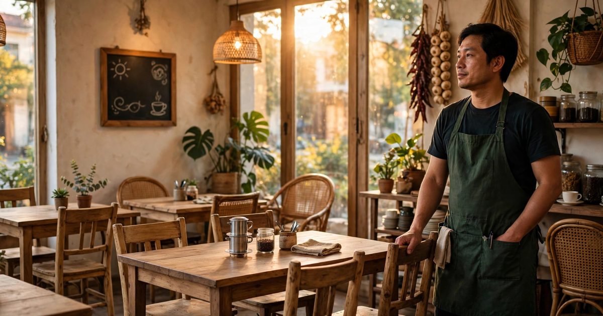 Chủ quán cà phê Việt mặc tạp dề xanh lá đứng nhìn những bàn trống trong quán ấm cúng lúc chiều tà