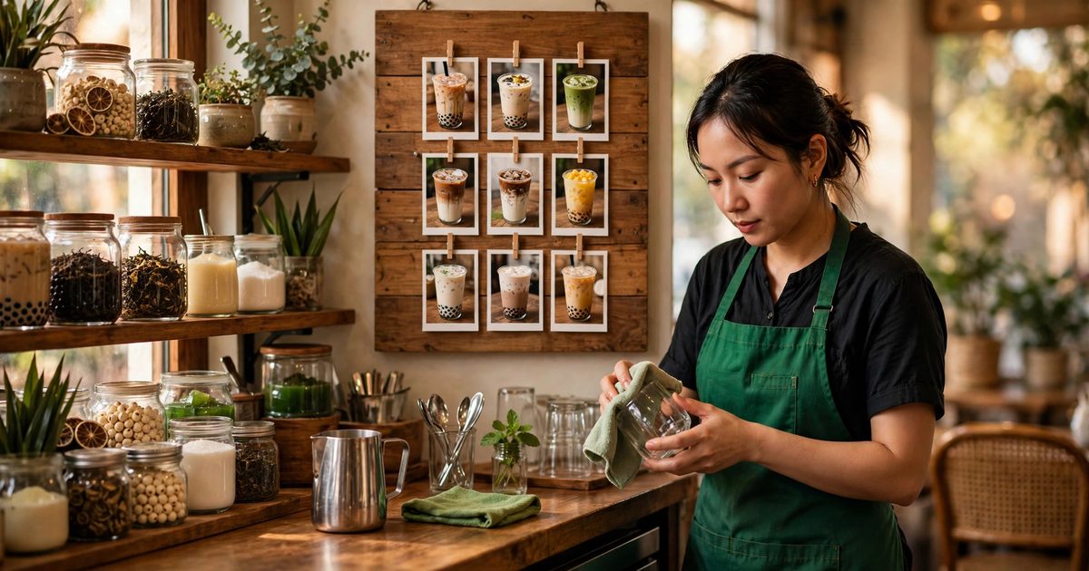 Quầy quán cà phê Việt với bảng menu gỗ gắn ảnh các món, nhân viên tạp dề xanh lau ly, ánh sáng ấm