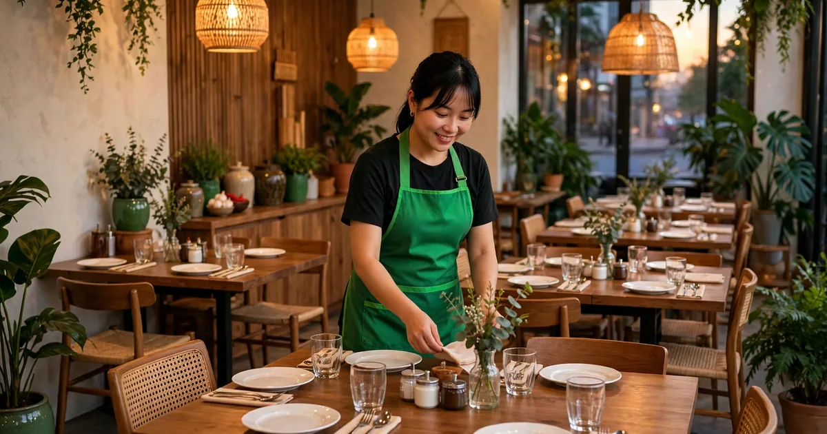 Nhân viên quán ăn Việt mặc tạp dề xanh tươi cười sắp xếp bàn đã đặt trước trong quán ấm cúng, ánh sáng vàng ấm, tông xanh thương hiệu