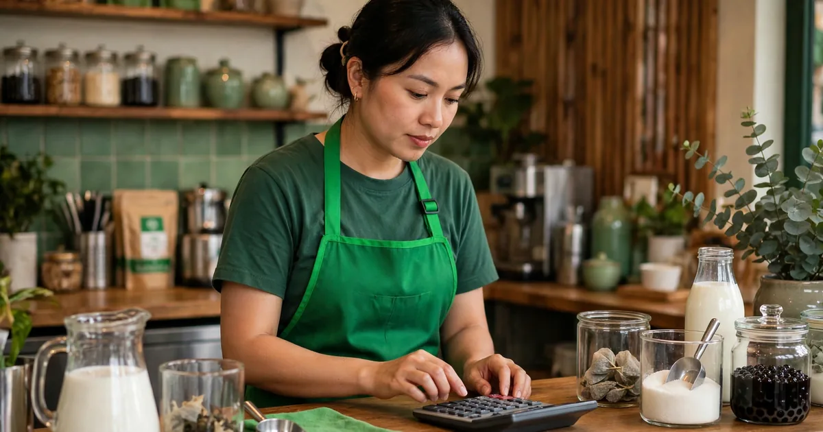 Chủ quán trà sữa Việt mặc tạp dề xanh bấm máy tính bên các hũ sữa, đường và trân châu trên quầy gỗ, ánh sáng ấm, tông xanh thương hiệu
