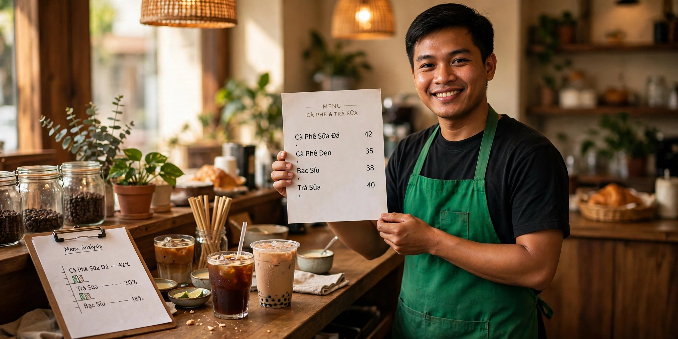 Nhân viên quán cà phê Việt mặc tạp dề xanh lá cầm menu tại quầy gỗ, bảng phân tích thực đơn và ly cà phê đá, trà sữa trên bàn, ánh sáng ấm