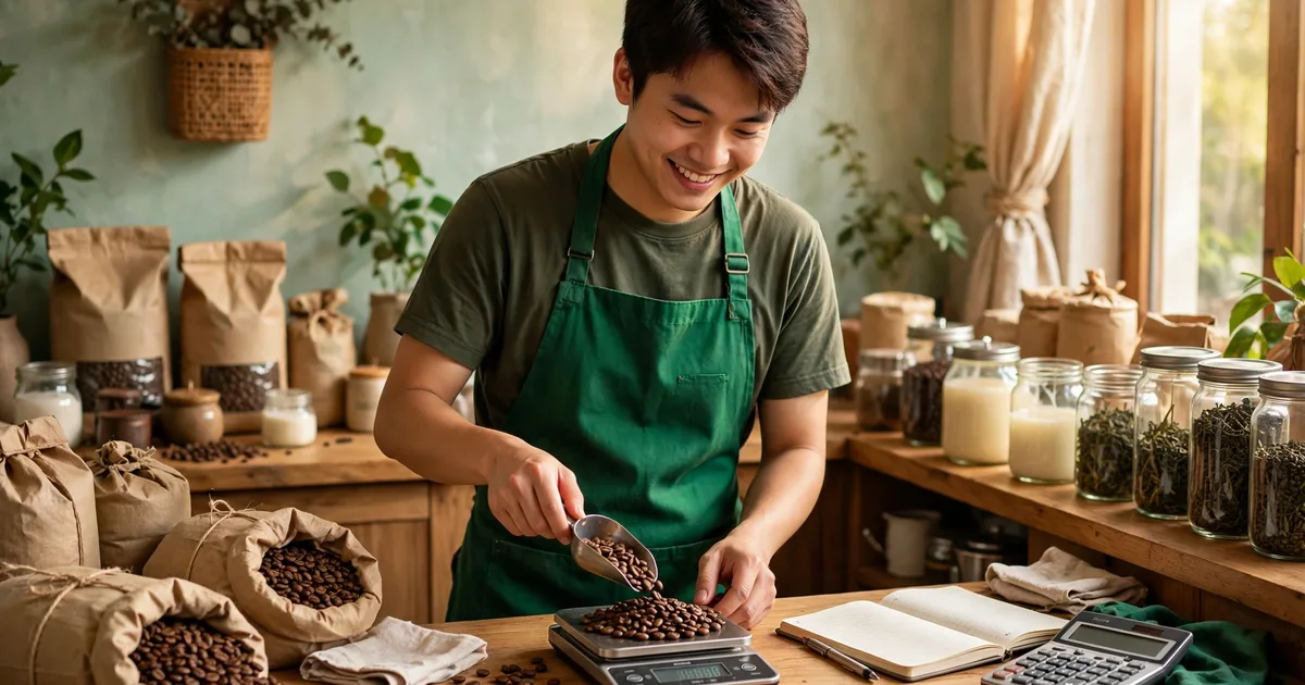Nhân viên quán cà phê Việt mặc tạp dề xanh cân hạt cà phê bằng cân tiểu ly trên quầy gỗ, bao cà phê và sổ tay bên cạnh, ánh sáng ấm