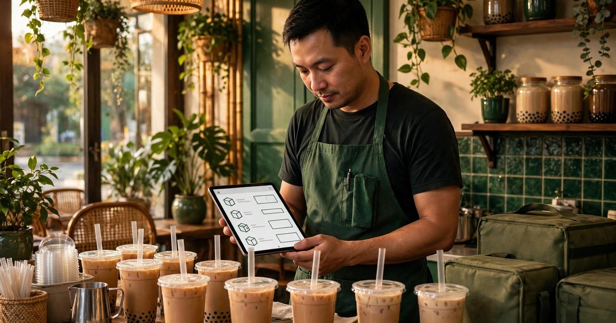 Chủ quán trà sữa Việt mặc tạp dề xanh lá xem đơn giao hàng trên máy tính bảng tại quầy, túi giao hàng và ly trà sữa sẵn sàng, ánh sáng ấm
