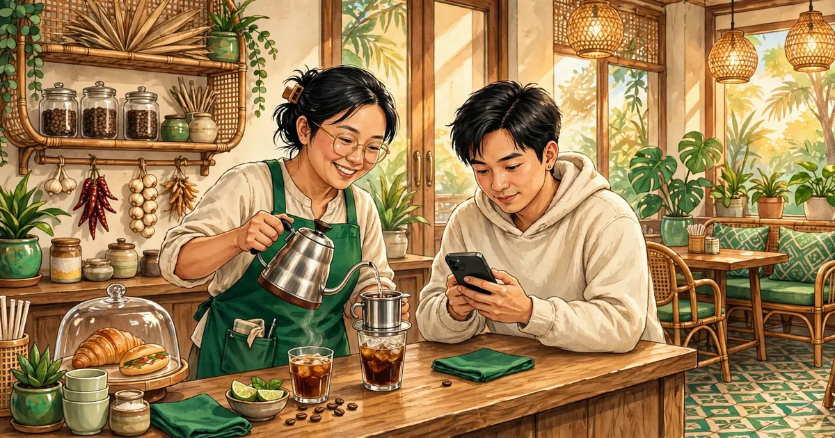 Nhân viên quán cà phê Việt mặc tạp dề xanh pha cà phê phin cho khách đang xem đơn trên điện thoại, ánh sáng ấm, tông xanh thương hiệu Quán Ơi
